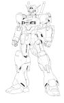  apaam clenched_hands greyscale gundam gundam_engage_zero gundam_u.c._engage highres lineart looking_ahead mecha mobile_suit monochrome no_humans science_fiction solo standing v-fin white_background 