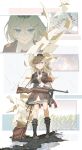  1girl armband bag blonde_hair blue_eyes boots cross crying crying_with_eyes_open girls_frontline gun hat highres iron_cross military military_hat military_uniform mp41 mp41_(girls&#039;_frontline) papers rabb_horn rain skirt solo submachine_gun sun tears uniform weapon wehrmacht wheat_field 