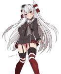  1girl amatsukaze_(kancolle) black_dress blush brown_eyes buttons closed_mouth dress eyebrows_visible_through_hair feet_out_of_frame garter_straps hair_between_eyes hair_tubes highres kantai_collection long_hair long_sleeves original_remodel_(kantai_collection) red_legwear sailor_collar sailor_dress silver_hair simple_background smile solo takanashi_kei_(hitsujikan) thigh-highs two_side_up white_background white_sailor_collar windsock 