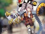  1girl bangs blurry blurry_background bow bowtie bronya_zaychik bronya_zaychik_(wolf&#039;s_dawn) brown_jacket crepe cup drill_hair drinking_straw earrings eating food food_on_face gloves grey_eyes grey_hair hair_between_eyes hair_bow highres holding holding_cup holding_food homu_(honkai_impact) honkai_(series) honkai_impact_3rd jacket jewelry long_sleeves looking_at_viewer milk_tea open_clothes open_jacket orange_bow orange_bowtie project_bunny sin_(btc86amme) solo twin_drills white_gloves 