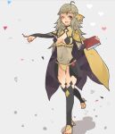  1girl ahoge amamiya_(alice413) bangs blonde_hair bodystocking book breast_cutout breasts cape circlet covered_navel fire_emblem fire_emblem_fates full_body grey_eyes high_heels holding holding_book looking_at_viewer medium_breasts one_eye_closed open_mouth ophelia_(fire_emblem) outstretched_arm panties pointing solo thigh-highs thighs turtleneck underwear 