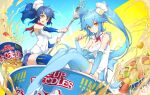  2girls absurdres bangs blue_hair blush chef_hat chinese_commentary collar eating food fork hat highres long_hair multiple_girls nissin open_mouth original product_placement ramen shanyao_jiang_tororo sitting toque_blanche twintails watermark yellow_eyes 