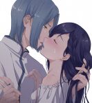  1boy 1girl bare_shoulders blue_hair blush closed_eyes couple ferdinand_(honzuki_no_gekokujou) from_side half-closed_eyes hand_in_another&#039;s_hair hetero highres holding_hands honzuki_no_gekokujou imminent_kiss jewelry long_hair maine_(honzuki_no_gekokujou) off-shoulder_shirt off_shoulder open_mouth ring shiny shiny_hair shirt short_hair simple_background sweatdrop upper_body white_background white_shirt yellow_eyes yumeha_tseru 