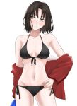  1girl alternate_costume bikini black_bikini blush breasts brown_eyes brown_hair commentary_request egomeshi groin hand_on_hip kara_no_kyoukai light_frown looking_to_the_side medium_breasts navel off_shoulder ryougi_shiki side-tie_bikini solo swimsuit thighs wet white_background 