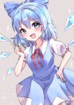  1girl :d bangs blue_dress blue_eyes blue_hair blush bow cirno dress eyebrows_visible_through_hair grey_background hair_between_eyes hair_bow hand_on_hip highres ice ice_cream_(aisu_aisu_9898) ice_wings index_finger_raised looking_at_viewer medium_hair signature smile solo sparkle touhou wings 