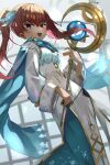  1girl absurdres alternate_costume bangs blue_scarf chil0107 dress eyebrows_visible_through_hair feather_trim fire_emblem fire_emblem:_the_blazing_blade fire_emblem_heroes flower fur_trim hair_between_eyes hair_flower hair_ornament highres holding holding_staff long_dress long_hair looking_at_viewer official_alternate_costume open_mouth pink_hair scarf serra_(fire_emblem) solo staff teeth twintails upper_teeth violet_eyes 