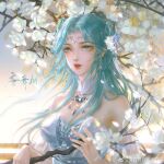  1girl blue_dress blue_hair blurry_eyes bug butterfly douluo_dalu dress flower hair_ornament highres jewelry light long_hair necklace qing_xixixixixizi_w tang_wutong_(douluo_dalu) weibo_id weibo_logo 