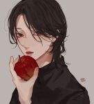 1boy apple bangs bishounen black_hair black_shirt commentary food fruit green_eyes grey_background highres holding holding_food holding_fruit kagoya1219 looking_at_viewer male_focus medium_hair original parted_bangs parted_lips shirt signature simple_background solo upper_body 