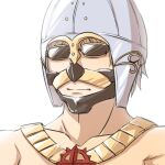  1boy armor bangs closed_mouth commentary_request expressionless grey_hair helmet japanese_armor jewelry male_focus menpoo natsuya_(kuttuki) necklace ragnarok_online short_hair simple_background solo sunglasses sura_(ragnarok_online) topless_male upper_body white_background 