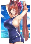  1girl animal_ears armpits bangs blush bow breasts brown_hair daiwa_scarlet_(umamusume) eyebrows_visible_through_hair fang hair_between_eyes hair_intakes horse_ears horse_girl large_breasts long_hair looking_at_viewer mitche ocean one-piece_swimsuit open_mouth profile red_eyes school_swimsuit sideboob skin_fang sky solo swimsuit tiara twintails tying_hair umamusume very_long_hair 