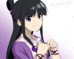  1girl ace_attorney black_hair blue_eyes closed_mouth hair_ornament half_updo hand_up highres japanese_clothes jewelry long_hair looking_at_viewer magatama maya_fey murasaki2714 necklace simple_background smile solo 