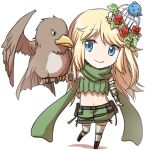  1girl bangs belt bird birdcage blonde_hair blue_eyes bluebird boots breasts brown_belt brown_footwear cage chibi closed_mouth commentary_request elbow_gloves eyebrows_visible_through_hair falcon falconry fingerless_gloves flower full_body gloves green_gloves green_legwear green_scarf green_shorts green_tube_top hair_flower hair_ornament leaf_hair_ornament long_hair looking_at_animal looking_to_the_side midriff natsuya_(kuttuki) navel pouch ragnarok_online ranger_(ragnarok_online) red_flower rose scarf shorts simple_background small_breasts smile solo thigh-highs white_background 
