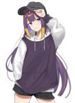  1girl alternate_costume baseball_cap black_headwear black_shorts blue_hair colored_inner_hair drawstring hand_in_pocket hat head_tilt hololive hololive_english hood hoodie leaning_to_the_side light_blush long_hair looking_at_viewer multicolored_hair ninomae_ina&#039;nis purple_hoodie shiroiko8 shorts smile solo tentacle_hair two-tone_hoodie very_long_hair violet_eyes virtual_youtuber white_background white_hoodie 