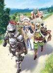  2girls 3boys :d armor arrow_(projectile) backpack bag bangs black_gloves blonde_hair blue_eyes boots bow_(weapon) brown_cape brown_shorts buckler cape closed_mouth cover_image day dress dwarf dwarf_shaman elf full_body gauntlets gloves goblin_slayer goblin_slayer! greaves green_eyes green_hair hand_up hat helmet high_elf_archer_(goblin_slayer!) highres holding holding_staff kannatsuki_noboru lizard_priest_(goblin_slayer) lizardman long_hair long_sleeves multiple_boys multiple_girls novel_illustration official_art open_mouth outdoors plume pointy_ears ponytail priestess_(goblin_slayer!) quiver second-party_source shadow sheath sheathed shield shorts silver_hair smile staff textless thigh-highs thigh_boots walking weapon white_headwear 