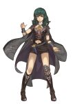  1girl bangs black_footwear black_shorts blue_eyes boots breasts byleth_(fire_emblem) byleth_eisner_(female) closed_mouth detached_collar fadingz fire_emblem fire_emblem:_three_houses green_hair highres knee_boots long_hair medium_breasts midriff navel sheath sheathed shiny shiny_hair short_shorts shorts signature simple_background solo standing stomach sword weapon white_background 