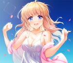  1girl arms_up bangs blonde_hair blue_eyes cherry_blossoms commission dress kana_yukino long_hair looking_at_viewer open_mouth original outdoors signature solo teeth 
