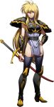  1girl armor bag blonde_hair breastplate closed_mouth full_body grey_legwear hair_between_eyes hand_on_hip highres holding holding_sheath langrisser leticia_(langrisser) long_hair looking_at_viewer official_art red_eyes sheath sheathed shiny shiny_clothes shiny_legwear shiny_skin shoulder_armor smile solo standing sword thigh-highs transparent_background very_long_hair weapon 