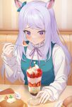  1girl animal_ears bangs blue_ribbon blush cake closed_mouth cup dessert ear_ribbon eating fingernails food hachinatsu highres holding holding_spoon horse_ears horse_girl long_hair long_sleeves looking_at_viewer mejiro_mcqueen_(umamusume) parted_bangs purple_hair ribbon solo spoon umamusume upper_body violet_eyes 