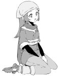  1girl absurdres akari_(pokemon) bangs between_legs blush commentary ddari greyscale hand_between_legs highres japanese_clothes long_hair long_sleeves looking_ahead looking_away looking_to_the_side monochrome open_mouth pokemon pokemon_(game) pokemon_legends:_arceus sash short_sleeves simple_background sitting smile solo white_background 