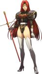  1girl armor belt black_leotard boots circlet closed_mouth full_body gloves hair_intakes high_heel_boots high_heels highleg highleg_leotard highres holding holding_sheath langrisser langrisser_iii leotard long_hair looking_at_viewer official_art purple_lips redhead sheath sheathed shiny shiny_skin shoulder_armor solo standing straight_hair sword thigh-highs thigh_boots transparent_background varna_(langrisser_iii) very_long_hair weapon white_belt white_footwear white_gloves yellow_eyes 