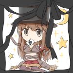  1girl ace_of_spades bangs black_headwear breasts brown_coat brown_eyes brown_gloves brown_hair brown_legwear card_in_mouth chibi coat commentary_request crescent cross-laced_clothes cross-laced_top curtains elbow_gloves eyebrows_visible_through_hair full_body fur-trimmed_coat fur_trim gloves hat long_hair looking_at_viewer medium_breasts miniskirt mouth_hold natsuya_(kuttuki) ragnarok_online shadow_chaser_(ragnarok_online) simple_background sitting skirt solo star_(symbol) thigh-highs top_hat white_background yokozuwari 