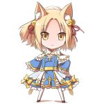  1girl animal_ear_fluff animal_ears arch_bishop_(ragnarok_online) bangs bell blonde_hair blue_dress bow breasts chibi cleavage_cutout closed_mouth clothing_cutout commentary_request cross dress dress_bow expressionless eyebrows_visible_through_hair fox_ears frilled_dress frilled_sleeves frills full_body gold_trim hair_bell hair_ornament hair_ribbon hand_on_hip high_ponytail jingle_bell looking_at_viewer natsuya_(kuttuki) official_alternate_costume ragnarok_online red_ribbon ribbon sash short_hair simple_background small_breasts solo standing thigh-highs two-tone_dress white_background white_dress white_legwear yellow_bow yellow_eyes yellow_sash 