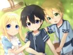  1girl 2boys alice_zuberg black_hair blonde_hair blue_eyes child commentary_request eugeo eyebrows_visible_through_hair grass green_eyes highres hilt kirito long_hair looking_at_viewer meranoreuka_(naokentak) multiple_boys outdoors short_hair sword_art_online sword_art_online:_alicization teeth violet_eyes younger 