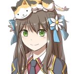  1girl :3 animal_on_head bangs black_necktie blazer blue_bow bow brown_hair calico cat cat_on_head closed_mouth collared_shirt commentary_request eyebrows_visible_through_hair genetic_(ragnarok_online) green_eyes hair_bow half_updo jacket long_hair looking_at_viewer natsuya_(kuttuki) necktie on_head ragnarok_online red_shirt shirt short_ponytail simple_background smile solo upper_body white_background white_jacket 