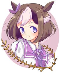  1girl animal_ears brown_hair closed_mouth collared_shirt commentary cropped_torso ear_ribbon hachimaki headband highres horse_ears horse_girl jacket looking_at_viewer multicolored_hair namatyoco neck_ribbon portrait purple_ribbon purple_sailor_collar ribbon sailor_collar shirt short_hair smile solo special_week_(umamusume) twitter_username two-tone_hair umamusume violet_eyes white_hair white_headband white_jacket white_shirt wing_collar 