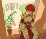  1boy armor bangs barding breastplate cape closed_mouth commentary_request cross day dragon feet_out_of_frame ferus_(ragnarok_online) gauntlets geographer_(ragnarok_online) hedge indoors leg_armor looking_outside natsuya_(kuttuki) pauldrons plant potted_plant ragnarok_masters ragnarok_online red_cape redhead rune_knight_(ragnarok_online) short_hair shoulder_armor smile spiked_pauldrons tabard violet_eyes window 