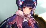  1girl bangs blunt_bangs blush bonnet breasts genshin_impact highres long_hair long_sleeves looking_at_viewer purple_headwear seiru_(prairie) solo yunjin_(genshin_impact) 