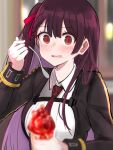 1girl bangs blazer blush collared_shirt commentary_request dropping eyebrows_visible_through_hair food food_on_face girls_frontline hair_ribbon half_updo ice_cream jacket koenza_botoke long_hair long_sleeves looking_at_viewer necktie open_mouth purple_hair red_eyes red_necktie red_ribbon ribbon shirt solo spoon surprised upper_body wa2000_(girls&#039;_frontline) white_shirt 