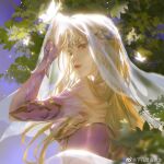  1girl bare_shoulders blonde_hair blue_eyes douluo_dalu dress hair_ornament highres leaf light long_hair qian_renxue_(douluo_dalu) sideways_glance veil xiafan_pudu_zhongsheng 