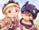  1boy 1girl blonde_hair brown_hair cape clant_st close-up commentary_request dark_skin eyebrows_visible_through_hair facial_mark glasses helmet looking_at_viewer made_in_abyss open_mouth regu_(made_in_abyss) riko_(made_in_abyss) short_hair smile twintails yellow_eyes 