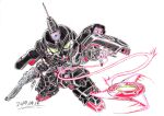  dated green_eyes gun gundam gundam_g_no_reconguista head_tilt holding holding_gun holding_weapon irikodashig kabakali looking_at_viewer mecha mobile_suit no_humans open_hand sd_gundam shuriken signature solo weapon white_background 