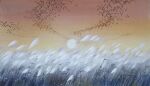  amber_t bird chinese_commentary commentary_request field gradient_sky grass mushi_(mushishi) mushishi nature no_humans orange_sky outdoors painting_(medium) plant scenery sky sun swarm traditional_media twilight watercolor_(medium) 