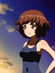  1girl akiyama_yukari artist_name bangs blue_swimsuit brown_eyes brown_hair closed_mouth clouds cloudy_sky commentary covered_navel dated eyebrows_visible_through_hair girls_und_panzer highres looking_to_the_side messy_hair naotosi one-piece_swimsuit outdoors school_swimsuit short_hair sky smile solo swimsuit twilight upper_body 