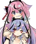  2others behind_another blue_eyes blue_hair blue_nails bracelet cheek_poking collarbone grin gynoid_talk hair_flaps hair_ribbon hairband holding_hands horns ishitsuki_(_0101_831) jewelry long_hair looking_at_viewer meika_hime meika_mikoto multiple_others one_eye_closed pink_hair poking red_eyes red_nails red_ribbon ribbon smile twintails upper_body very_long_hair vocaloid white_background 