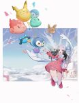  1girl :d absurdres bare_tree beanie black_hair blue_eyes boots chimchar coat commentary dezhouyou_touguigui eevee floating_scarf gengar hair_ornament hairclip hat highres hikari_(pokemon) long_hair long_sleeves open_mouth outdoors pikachu piplup pokemon pokemon_(game) pokemon_dppt pokemon_platinum riolu scarf sky smile snowman teeth themed_object thigh-highs tongue tree turtwig upper_teeth white_legwear white_scarf winter 