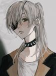  1girl black_eyepatch bright_pupils chainsaw_man cigarette collar collarbone eyelashes eyepatch grey_eyes grey_hair highres long_eyelashes long_hair looking_at_viewer mouth_hold noroma02 parted_lips ponytail smoking solo spiked_collar spikes upper_body white_pupils 