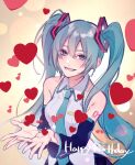  1girl :d bangs black_sleeves blue_eyes blue_hair collared_shirt detached_sleeves floating_hair hair_between_eyes happy_birthday hatsune_miku heart long_hair long_sleeves looking_at_viewer piyo_8080 shiny shiny_hair shirt sleeveless sleeveless_shirt smile solo twintails upper_body very_long_hair vocaloid white_background white_shirt wing_collar 