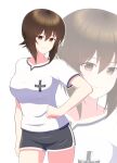  1girl absurdres bangs black_shorts brown_eyes brown_hair closed_mouth commentary_request cowboy_shot dolphin_shorts emblem eyebrows_visible_through_hair girls_und_panzer gym_shirt gym_uniform hand_on_hip highres iteza_(flapper_girl_25) kuromorimine_(emblem) looking_at_viewer nishizumi_maho partial_commentary shirt short_hair short_shorts short_sleeves shorts simple_background smile solo standing white_background white_shirt zoom_layer 