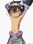  1boy brown_hair clant_st closed_eyes closed_mouth commentary_request dark-skinned_male dark_skin facial_mark made_in_abyss male_focus navel nipples regu_(made_in_abyss) simple_background solo solo_focus stretch stretched_limb topless_male white_background 