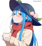  1girl bangs beige_sweater black_headwear blue_hair blush cup eyelashes fingernails fruit_hat_ornament grin highres hinanawi_tenshi holding holding_cup long_hair long_sleeves looking_at_viewer peach_hat_ornament red_eyes red_scarf scarf shiny shiny_hair sidelocks simple_background smile solo standing steam touhou twitter_username upper_body white_background yoshinatsu 