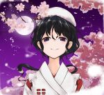  1girl black_hair character_request cherry_blossoms commentary_request detached_sleeves earrings eyebrows_visible_through_hair face full_moon japanese_clothes jewelry kimono looking_at_viewer medium_hair miko moon night night_sky portrait_of_exotic_girls red_ribbon ribbon sky smile touhou violet_eyes white_headwear white_kimono yata_zetta 