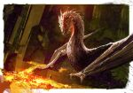  1boy bilbo_baggins blurry blurry_background border dragon glowing glowing_eyes gold highres hobbit indoors kalmahul legendarium looking_at_another open_mouth size_difference smaug standing the_hobbit white_border wings wyvern 