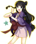  1girl ace_attorney black_hair blue_eyes bow hair_ornament half_updo japanese_clothes jewelry kenao kimono long_hair looking_at_viewer magatama maya_fey necklace open_mouth simple_background smile solo waist_bow 