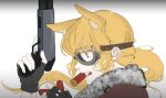  1girl animal_ears asaripan black_gloves blonde_hair blue_eyes commentary_request dog_ears fingerless_gloves fur_trim girls_frontline gloves goggles gun holding holding_gun holding_weapon long_hair m500_(girls&#039;_frontline) mossberg_500 mouth_hold profile shotgun shotgun_shell simple_background solo trigger_discipline weapon 