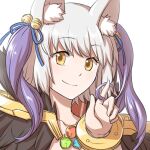  1girl animal_ear_fluff animal_ears bangle bangs bell blue_ribbon bracelet closed_mouth commentary_request eyebrows_visible_through_hair fox_ears fur_collar hair_bell hair_ornament hair_ribbon hair_twirling jewelry jingle_bell looking_at_viewer medium_hair multicolored_hair natsuya_(kuttuki) purple_hair ragnarok_online ribbon simple_background smile solo sorcerer_(ragnarok_online) two-tone_hair upper_body white_background white_hair yellow_eyes 