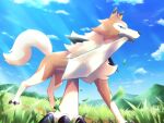  blue_eyes claws clouds commentary_request day from_below grass hill kemonobito leaves_in_wind lycanroc lycanroc_(midday) mouth_hold no_humans outdoors pokemon pokemon_(creature) sky solo standing sword weapon 